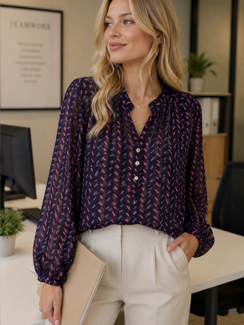 Sweet Rain Navy Blouse with Pink & Purple Dash Print